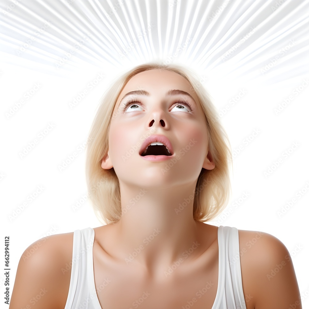 In this captivating portrait, a young woman's startled gaze and hypnotized expression reveal her fascination with an ethereal aura, as she becomes spellbound by the mysteries of the unknown. In this captivating portrait, a young woman's startled gaze and hypnotized expression reveal her fascination with an ethereal aura, as she becomes spellbound by the mysteries of the unknown.