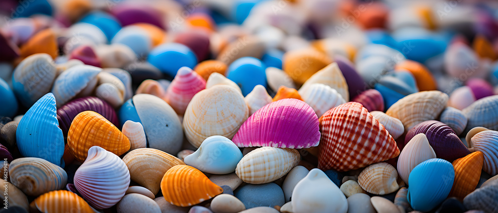 close up of colorful sea shells on the beach - Generated Ai - obrazy, fototapety, plakaty 