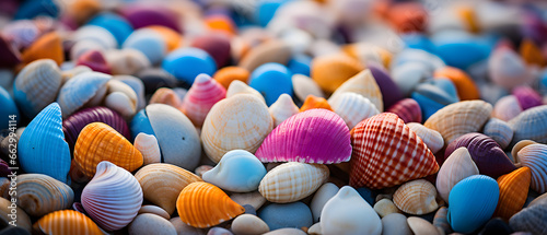 Fényképezés close up of colorful sea shells on the beach - Generated Ai