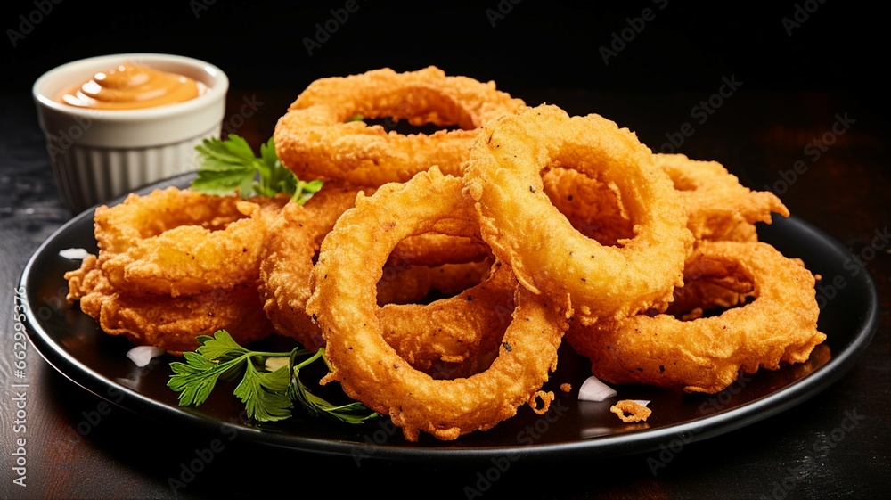Crispy Beer-Battered Onion Rings with Spicy Dip - obrazy, fototapety, plakaty 