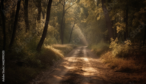Tranquil autumn forest, mysterious fog, vanishing point on dirt road generated by AI