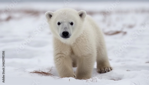 Fluffy arctic mammal, fur full length, cute young cub playing generated by AI