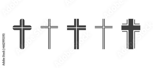 Flat Vector Black Christian Cross Icons Set Isolated on a White Background. Line Silhouette Cut Out Christian Crosses Collection