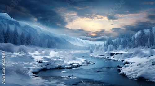 Winter's Enchanting Spell, Captivating Snow-Covered Landscapes Evoke Holiday Charm © ELmidoi-AI