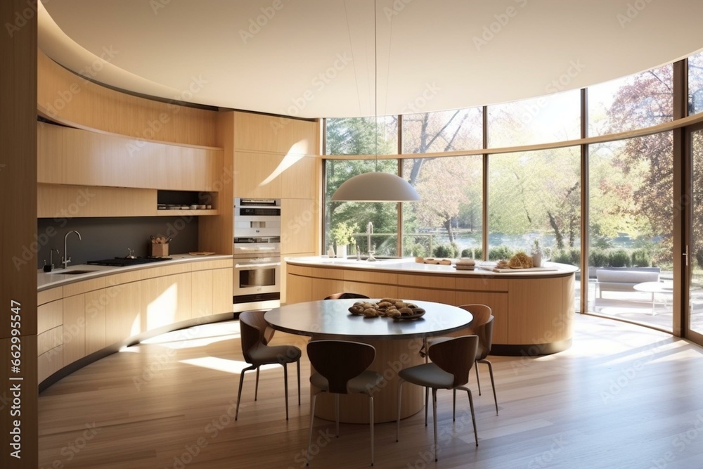 Contemporary kitchen with light, wood, and large space. Generative AI