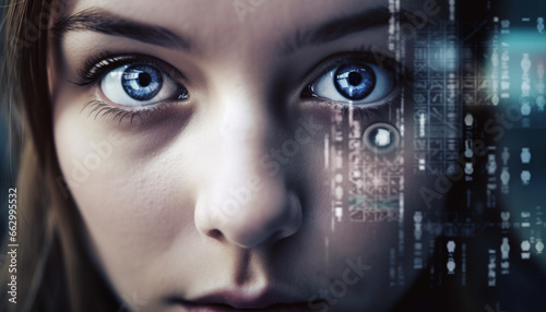 Young adult woman staring at computer, coding futuristic data concepts generated by AI