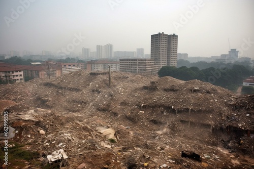 a massive heap of debris amidst the urban setting represents worldwide contamination. Generative AI