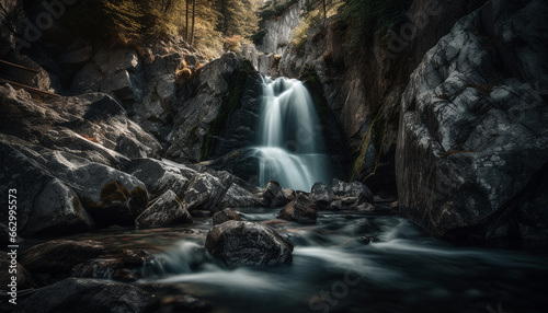 Tranquil scene of flowing water in a lush forest ravine generated by AI