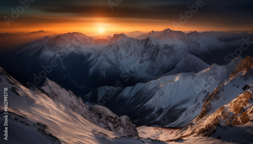 Tranquil mountain range, majestic peak, frozen beauty in nature generated by AI © djvstock