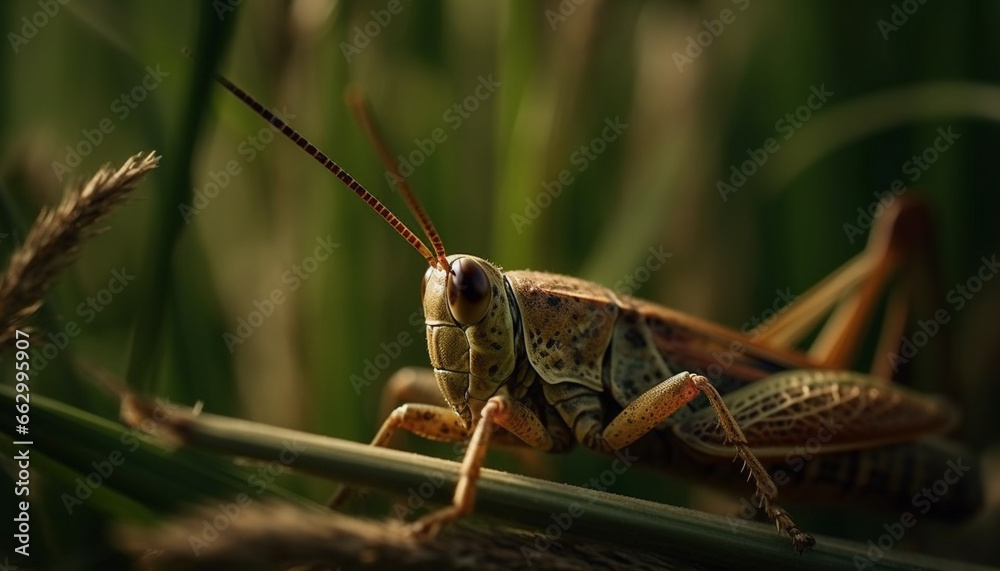 Green locust sitting on leaf, macro focus on animal antenna generated by AI Green locust sitting on leaf, macro focus on animal antenna generated by AI