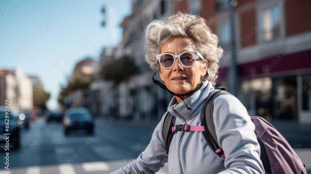 Urban portrait of active sporty senior woman in city street.