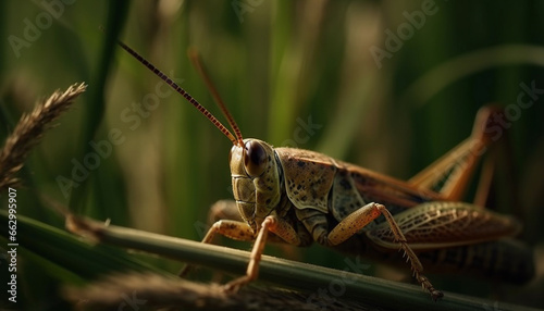 Green locust sitting on leaf, macro focus on animal antenna generated by AI