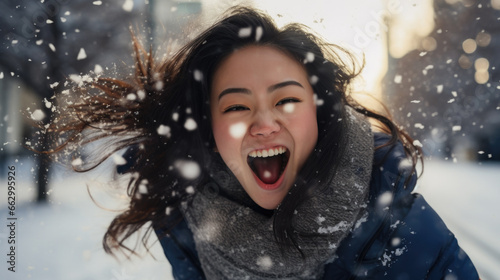 Winter's secret: A joyful young woman shares an intimate moment with the season, catching snowflakes in the air.
