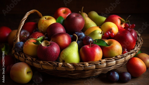 Fresh organic fruit basket on wooden table, ripe and healthy generated by AI