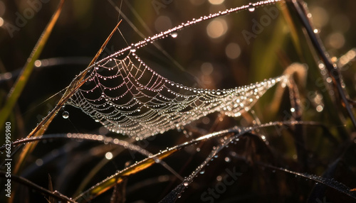 Shiny spider web glistens with dew drops on wet grass generated by AI