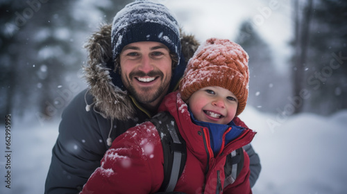 Winter portrait of happy father and son.