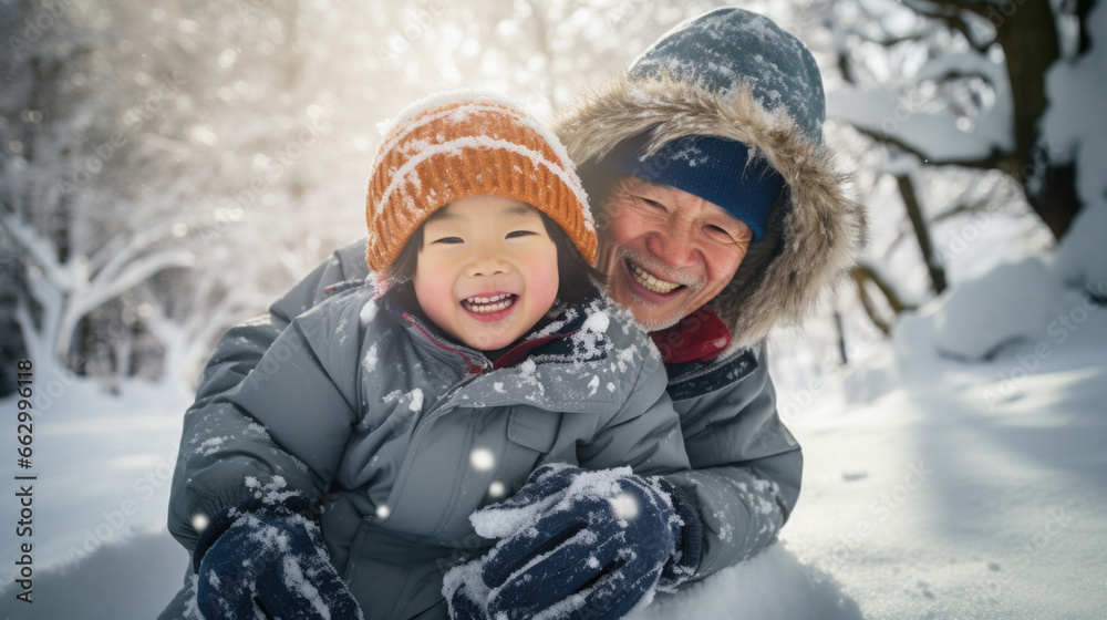 Winter portrait of happy parent and child having fun together in snowy forest.
