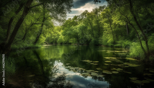 Tranquil scene of natural beauty  forest  pond  and sunset sky generated by AI