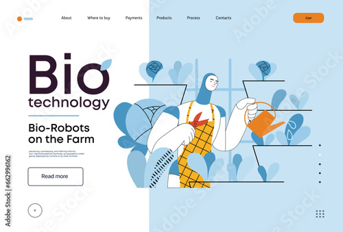 Bio Technology, Robot on farm -modern flat vector concept illustration of bio-robot engaged in agricultural activities. Metaphor of robotics and biotechnology integration, efficiency, sustainability