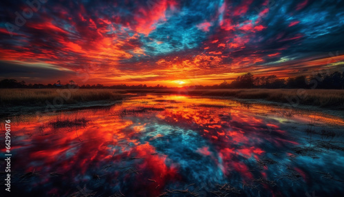 Vibrant sunset sky reflects on tranquil water, nature beauty showcased generated by AI
