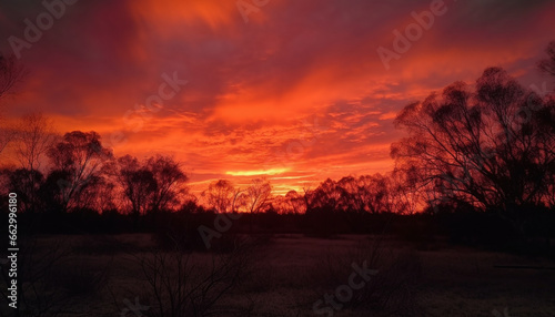 Silhouette of acacia tree against orange sky in African savannah generated by AI © djvstock