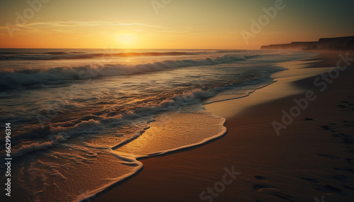 Tranquil sunset over tropical coastline  waves crash on sand generated by AI