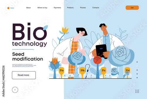 Bio Technology, Seed Modification -modern flat vector concept illustration of scientists analysing genetic modificated variants of a plant. Metaphor of direct impact of GMO on vegetation