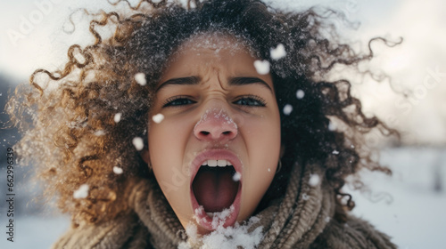 Portrait of depressed woman in winter.