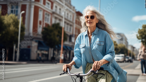 Beautiful active senior woman riding a bicycle in city street. © Maria