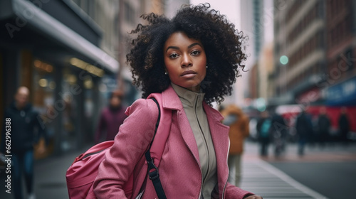 Street portrait of attractive african american woman in city street.
