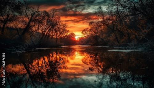 Tranquil scene of nature beauty in sunset reflection on water generated by AI © djvstock