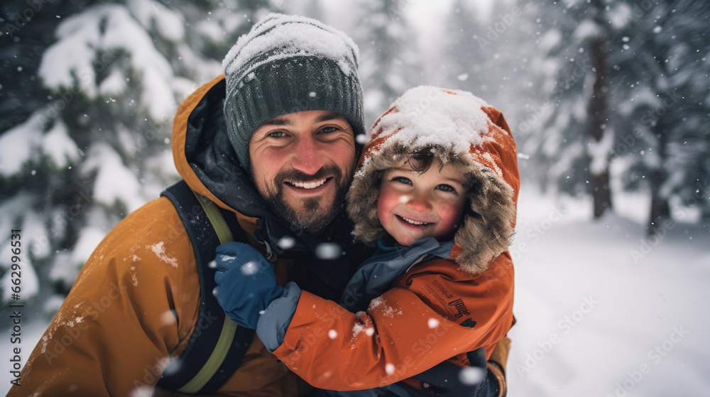 Exploring winter's treasures: A father and his son venture into the crisp outdoors with enthusiasm.