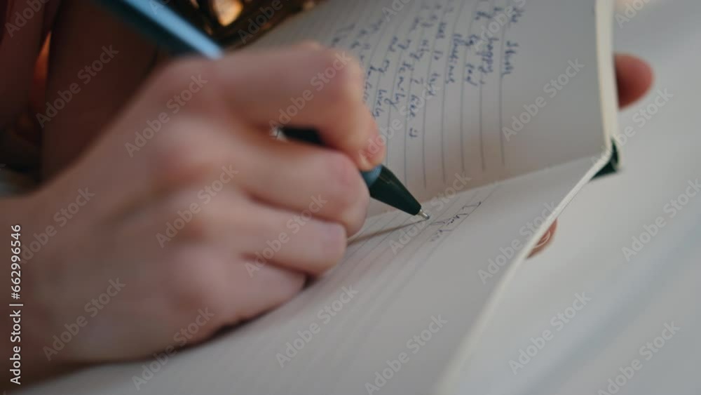 Hands making diary notes closeup. Happy smiling girl holding pen writing plans