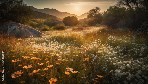 Idyllic sunset over mountain meadow  wildflowers blossom in tranquil scene generated by AI