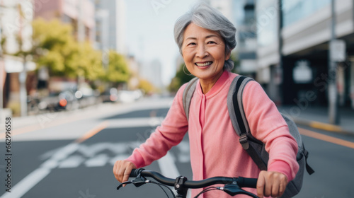 Street portrait of happy active asian woman with bicycle.