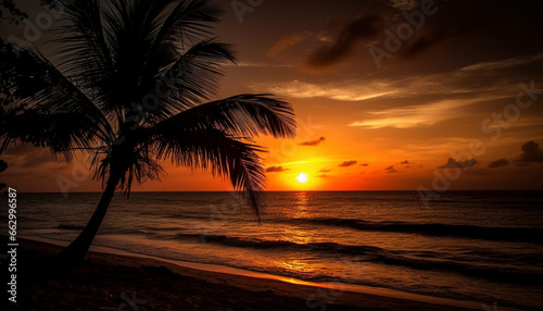 Golden horizon over tranquil waters, palm trees silhouette in twilight generated by AI