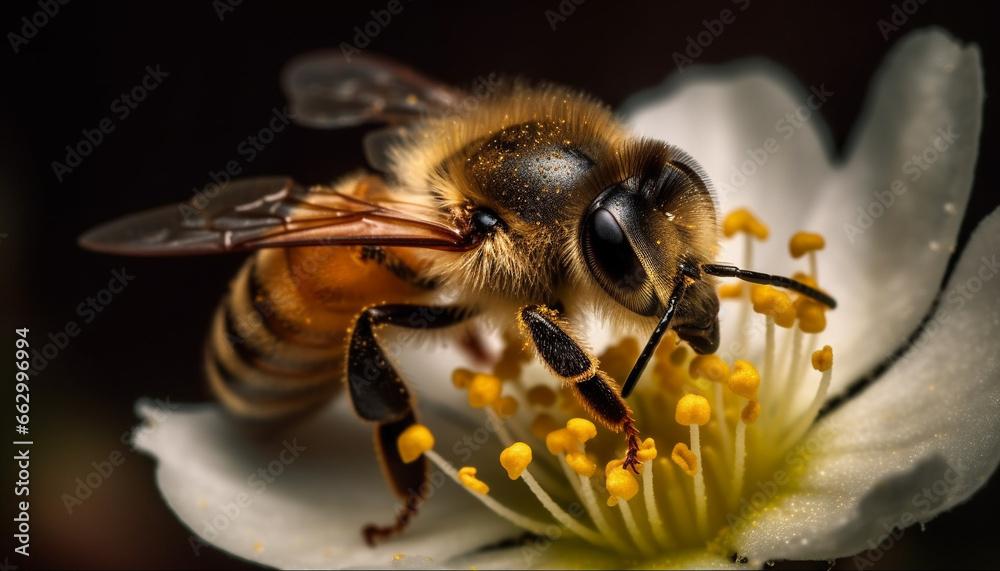 Busy honey bee collecting pollen from single flower in springtime generated by AI Busy honey bee collecting pollen from single flower in springtime generated by AI