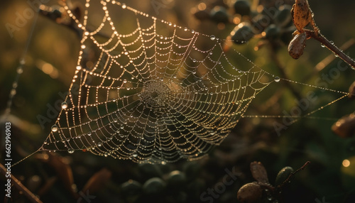 Spider web glistens with dew drops in macro autumn beauty generated by AI