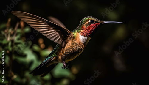 Hovering rufous hummingbird spreads iridescent wings for pollination in nature generated by AI