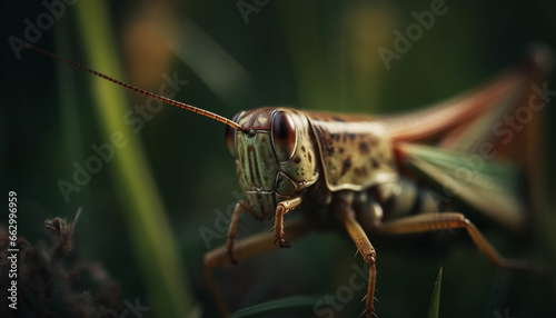 Green locust on leaf, magnified in macro, beauty in nature generated by AI © djvstock
