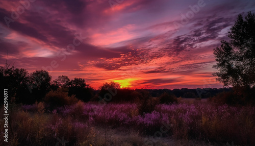 Vibrant sunset over tranquil meadow, silhouetted trees in dramatic sky generated by AI © djvstock