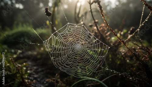 Spider web traps dew drops, autumn forest wet with rain generated by AI