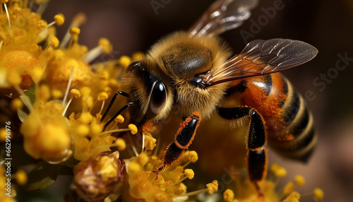 Busy honey bee collecting pollen from a single flower in springtime generated by AI