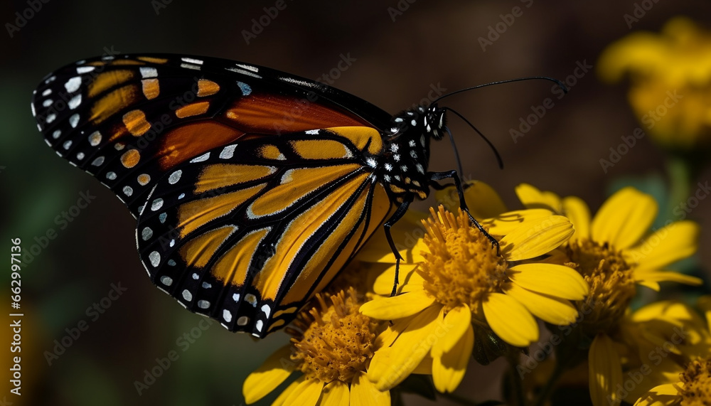 Fototapeta premium Vibrant monarch butterfly pollinates single flower in natural beauty generated by AI