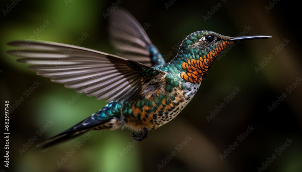 Fototapeta premium Hovering rufous hummingbird feeds on vibrant flower in tropical rainforest generated by AI