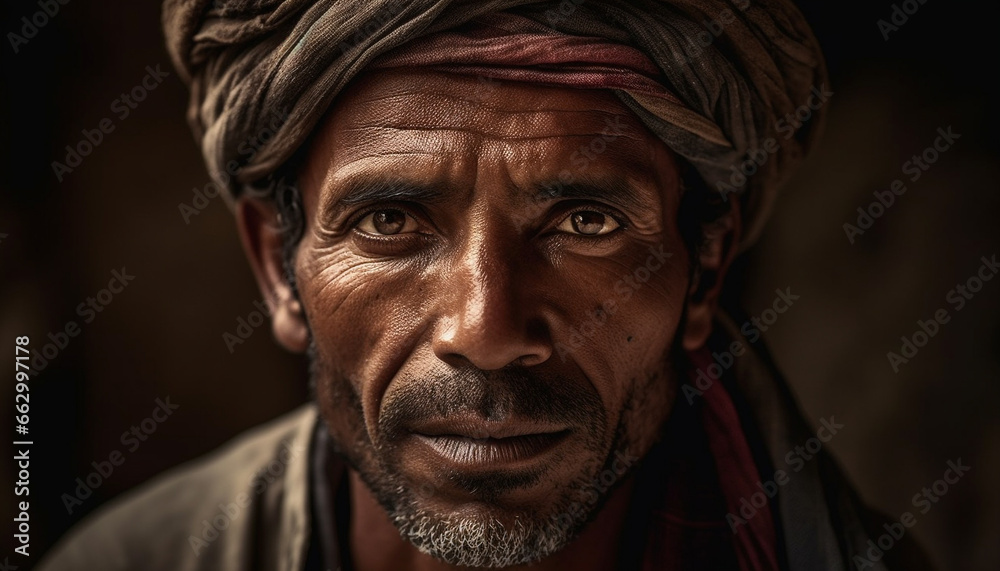 Serious senior man with turban and beard in traditional clothing generated by AI