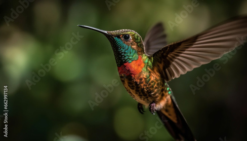 Vibrant iridescent hummingbird hovering mid air, pollinating tropical flowers generated by AI