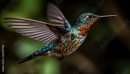 Hovering rufous hummingbird feeds on vibrant flower in tropical rainforest generated by AI
