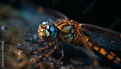 Small dragonfly wet wing in selective focus, beauty in nature generated by AI