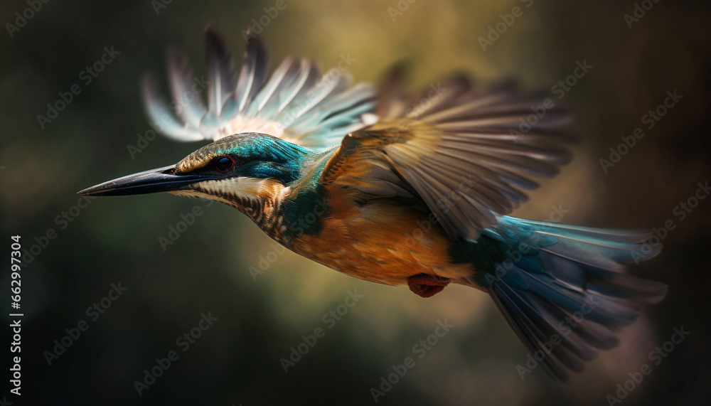 Fototapeta premium Male bee eater perching on branch, spreading wings in motion generated by AI